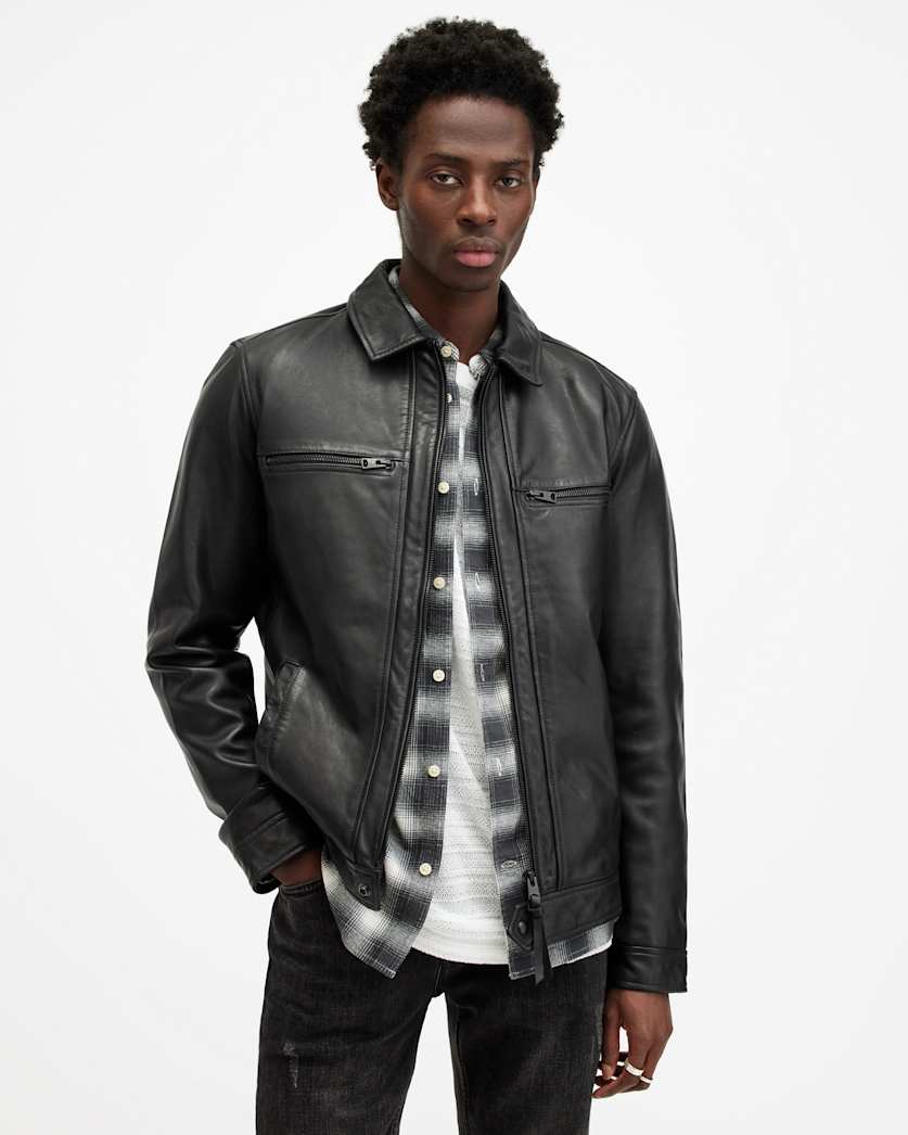 all saints Luck Slim Front Zip Up Leather Jacket Black