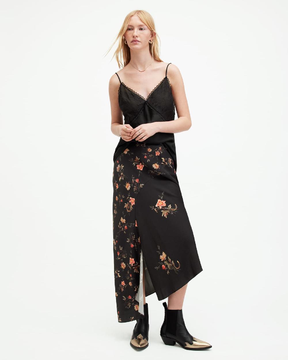 All Saints Luisa Tanana Floral Print Midi Skirt Black