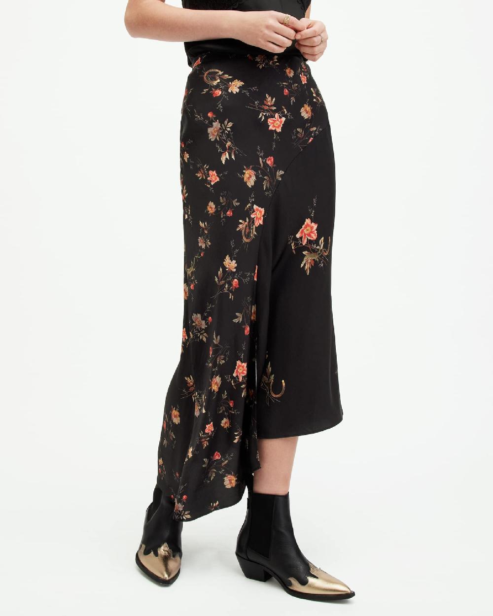 All Saints Luisa Tanana Floral Print Midi Skirt Black