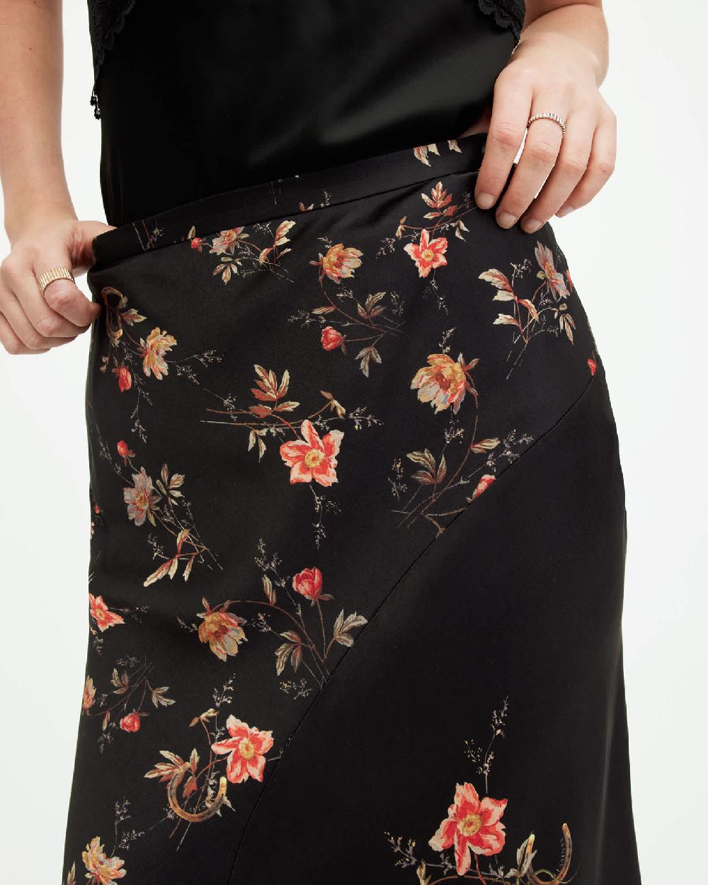 All Saints Luisa Tanana Floral Print Midi Skirt Black