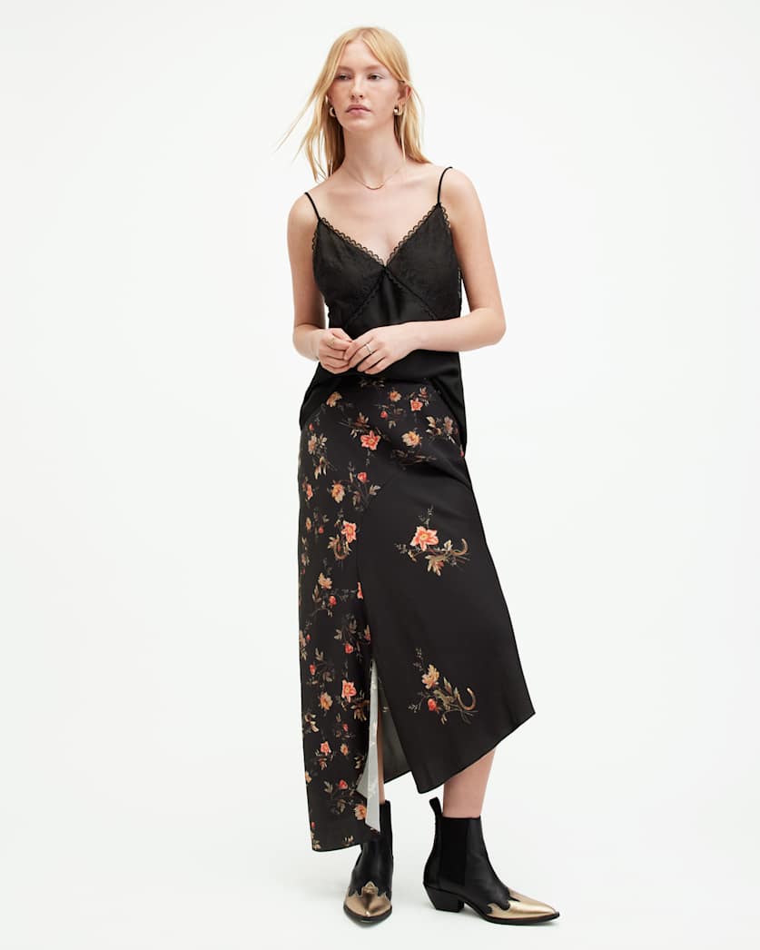 all saints Luisa Tanana Floral Print Midi Skirt Black