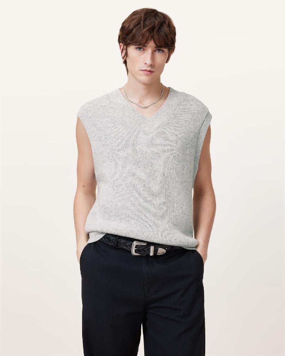 All Saints Lukas Sleeveless Knitted Tank Top Light Grey Marl