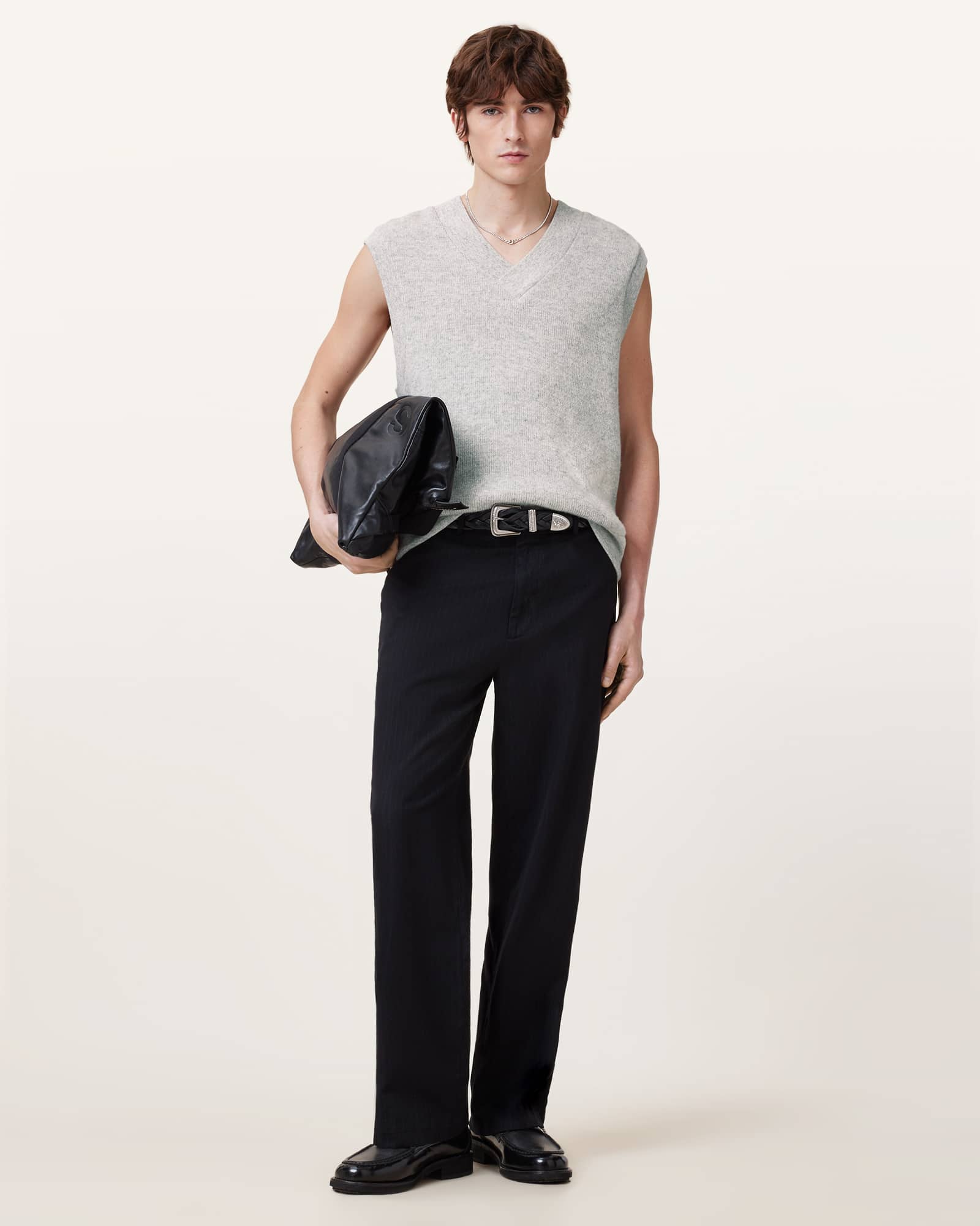 All Saints Lukas Sleeveless Knitted Tank Top Light Grey Marl