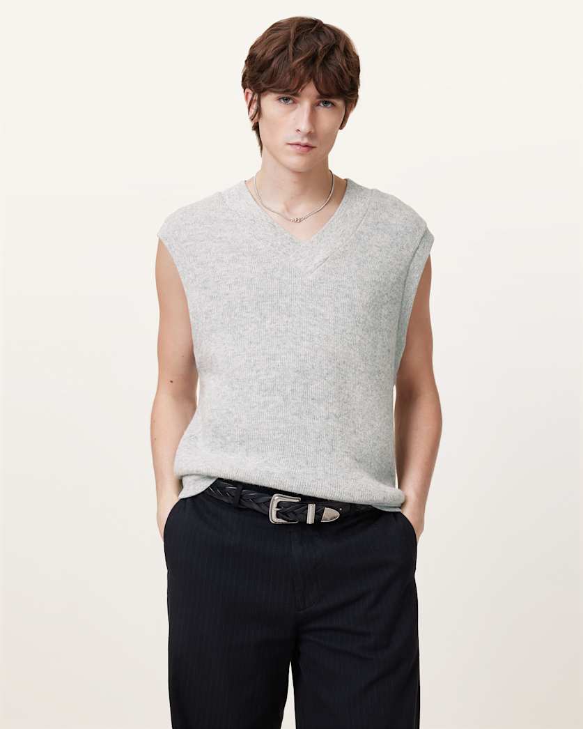 all saints Lukas Sleeveless Knitted Tank Top Light Grey Marl