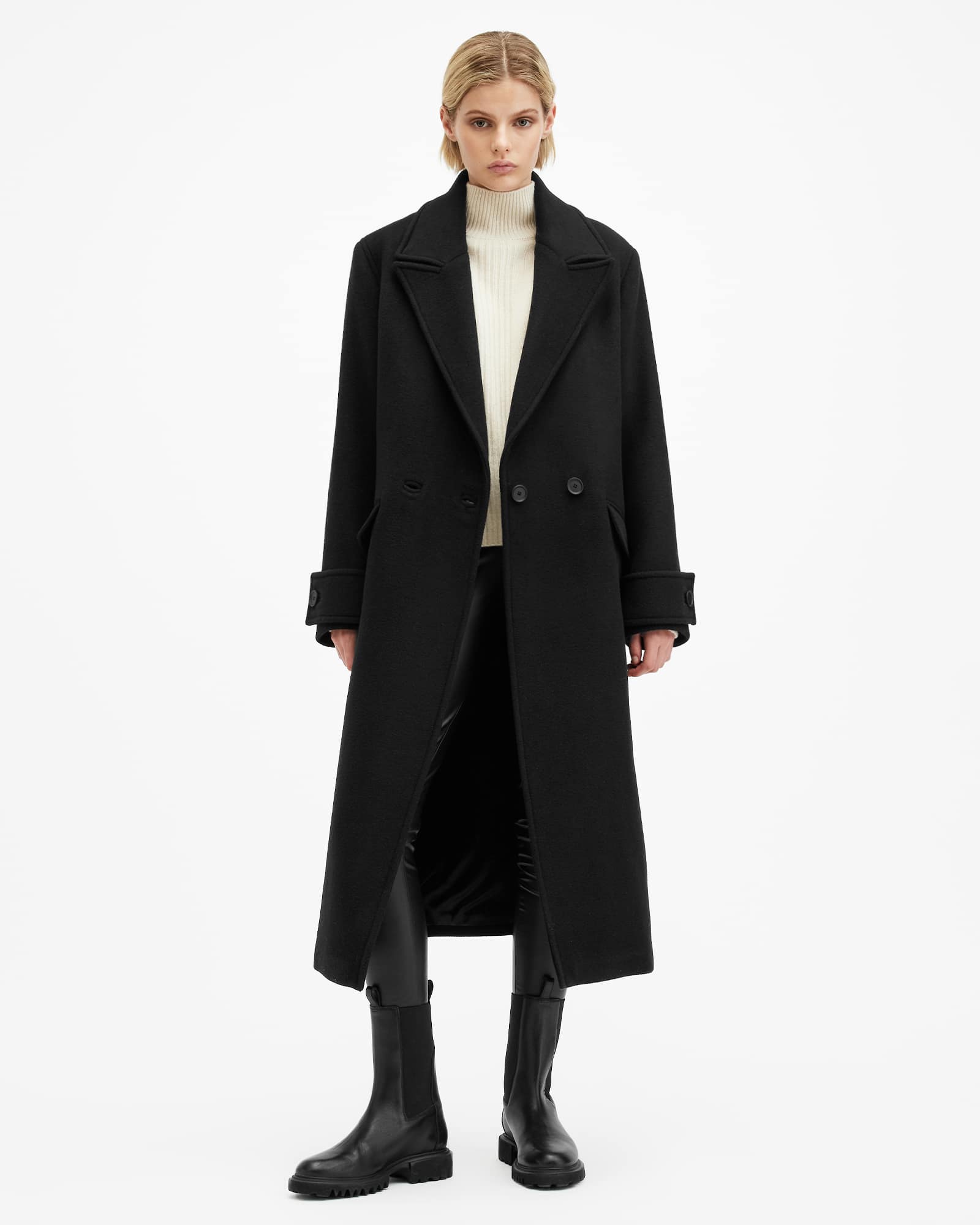 All Saints Mabel Double Breasted Oversized Coat Black