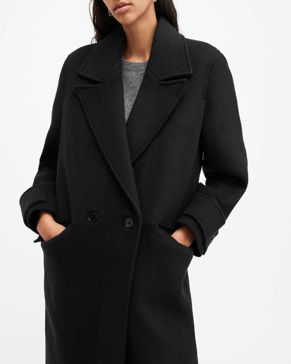 All Saints Mabel Double Breasted Oversized Coat Black