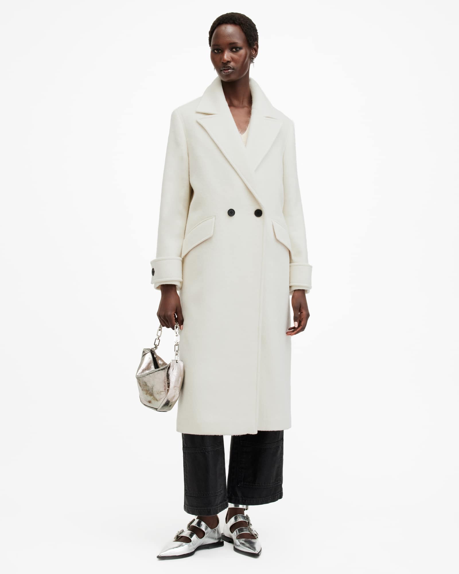 All Saints Mabel Double Breasted Oversized Coat Desert White