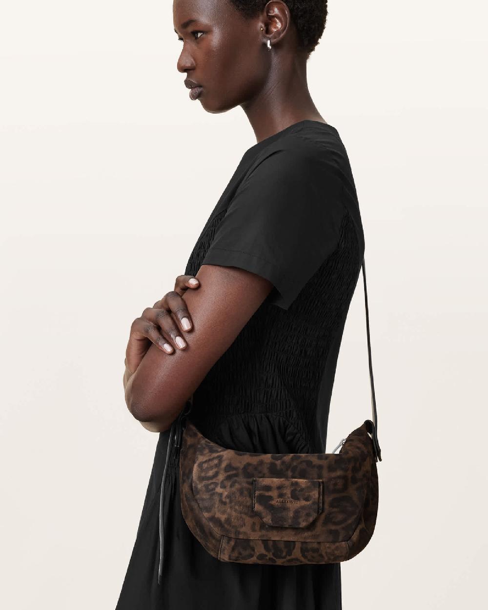 All Saints Madea Leopard Print Suede Crossbody Bag Leopard Brown