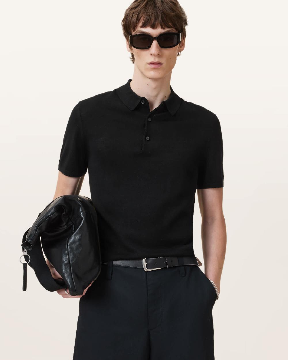 All Saints Maes Merino Short Sleeve Polo Shirt Black