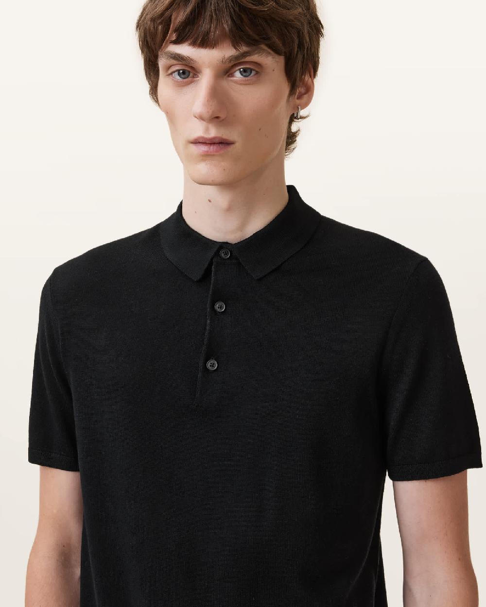 All Saints Maes Merino Short Sleeve Polo Shirt Black