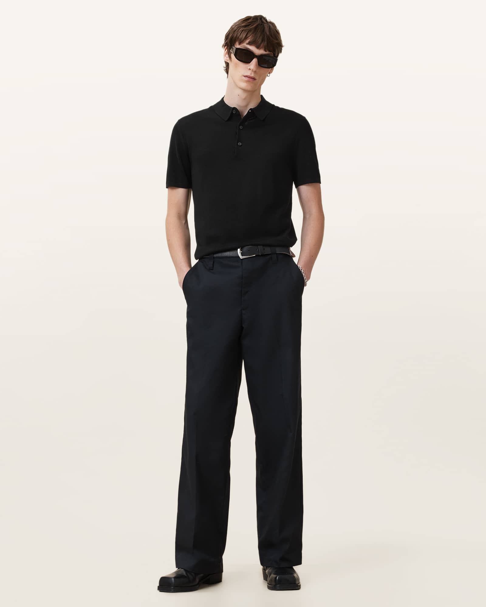 All Saints Maes Merino Short Sleeve Polo Shirt Black