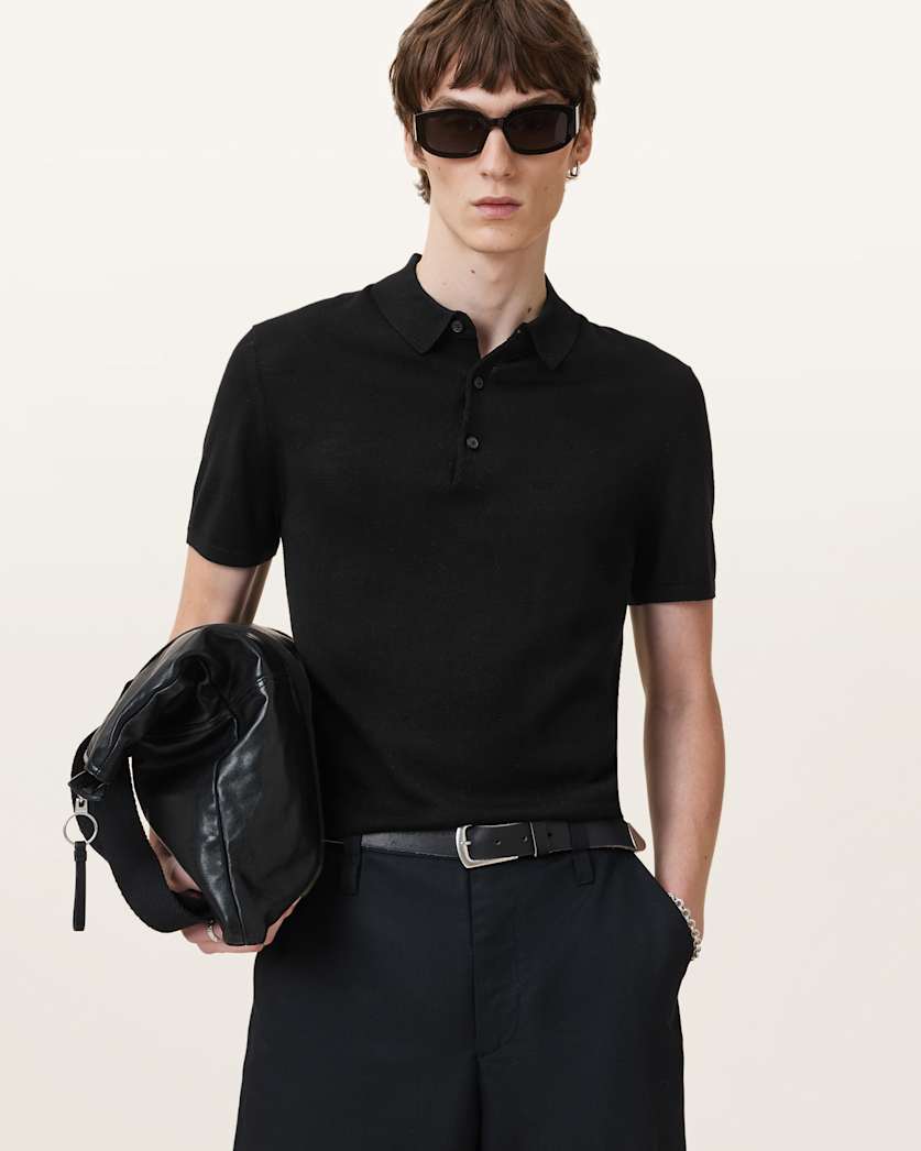 all saints Maes Merino Short Sleeve Polo Shirt Black