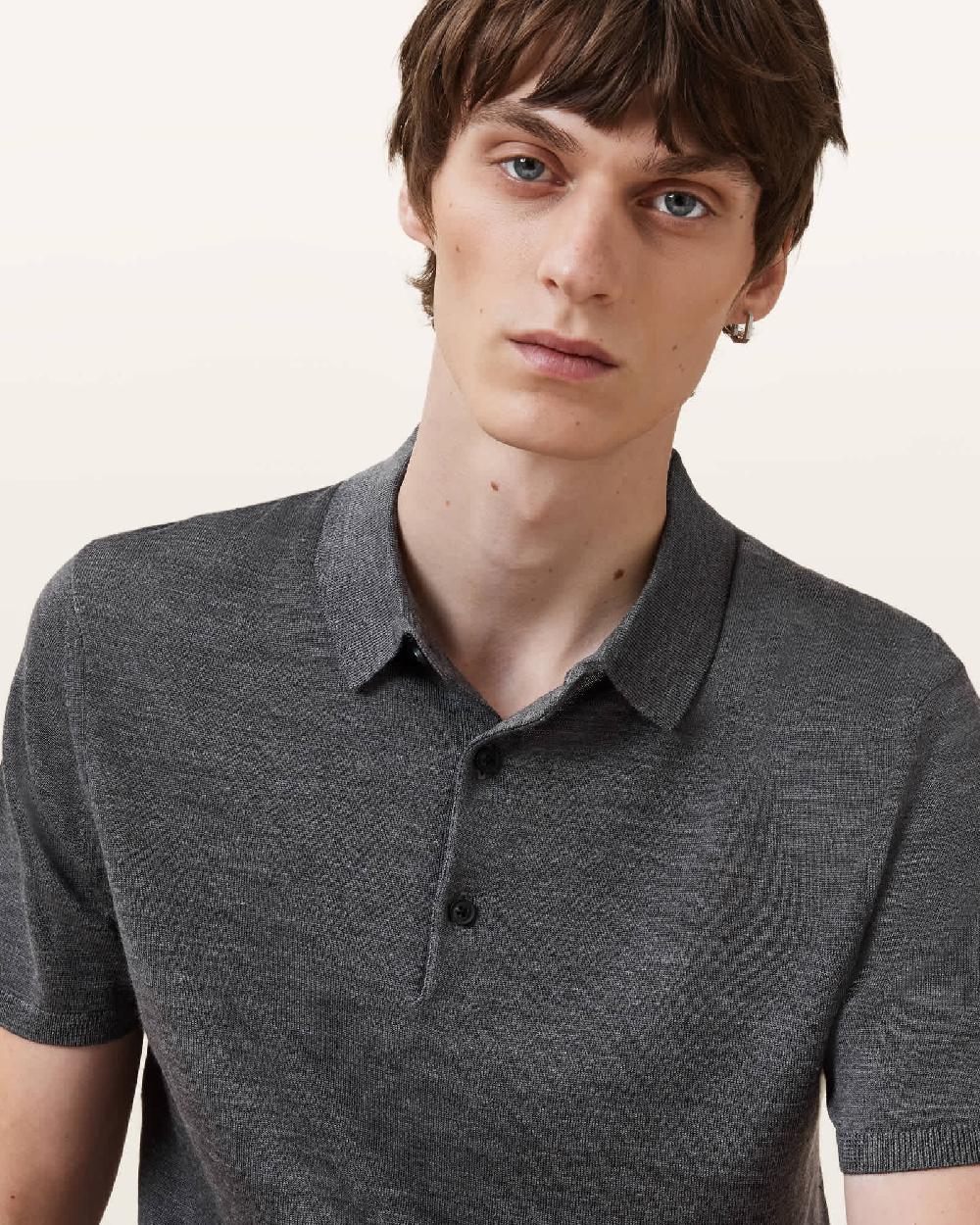 All Saints Maes Merino Short Sleeve Polo Shirt Monument Gray