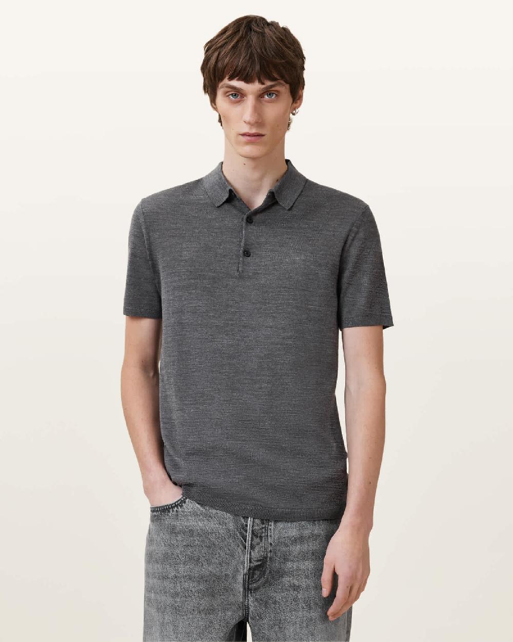 All Saints Maes Merino Short Sleeve Polo Shirt Monument Gray