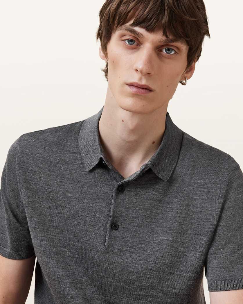 all saints Maes Merino Short Sleeve Polo Shirt Monument Gray
