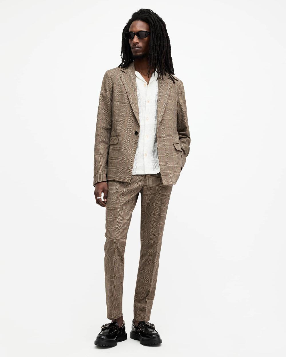 All Saints Maffrett Checked Skinny Fit Blazer Stone Taupe