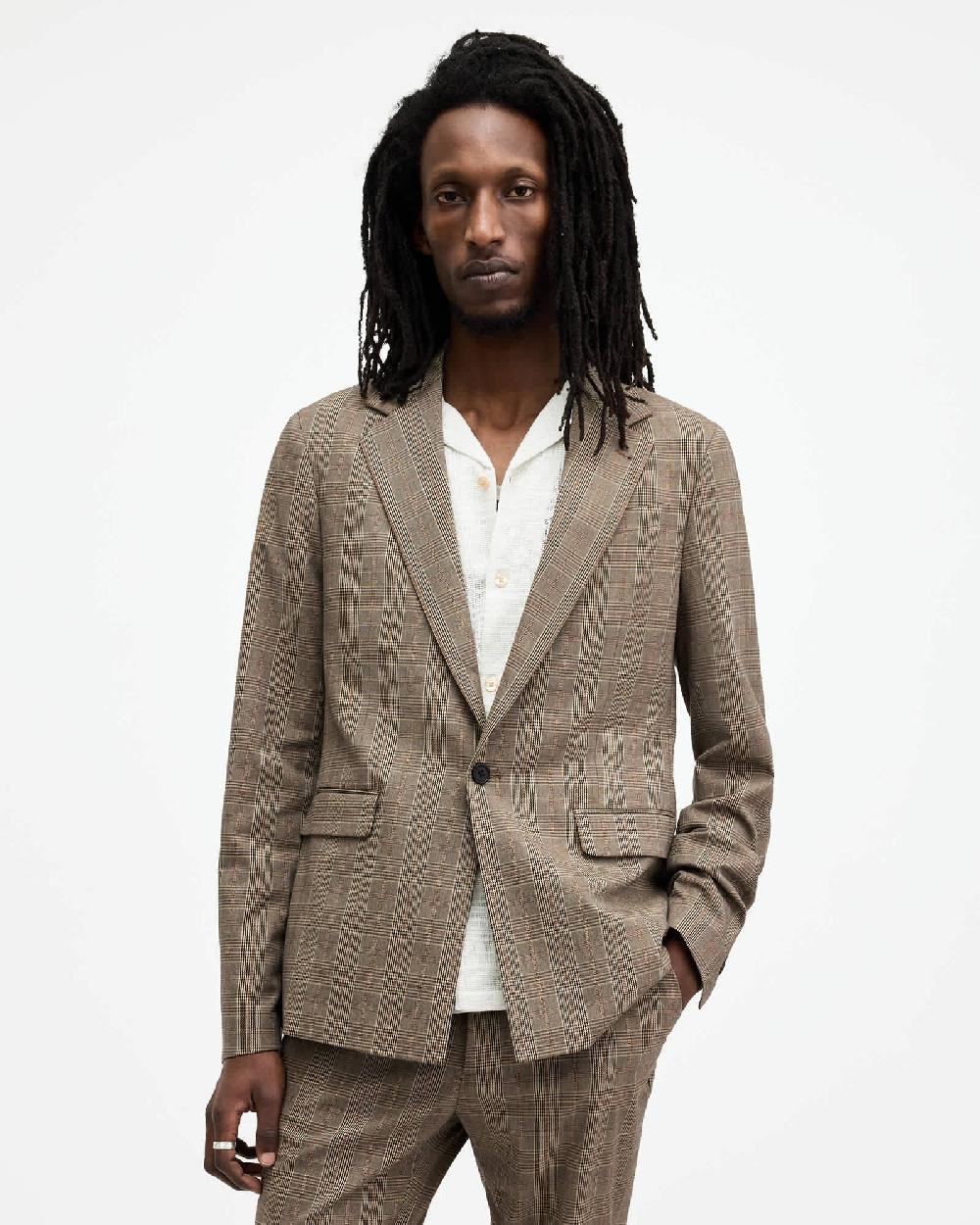 All Saints Maffrett Checked Skinny Fit Blazer Stone Taupe
