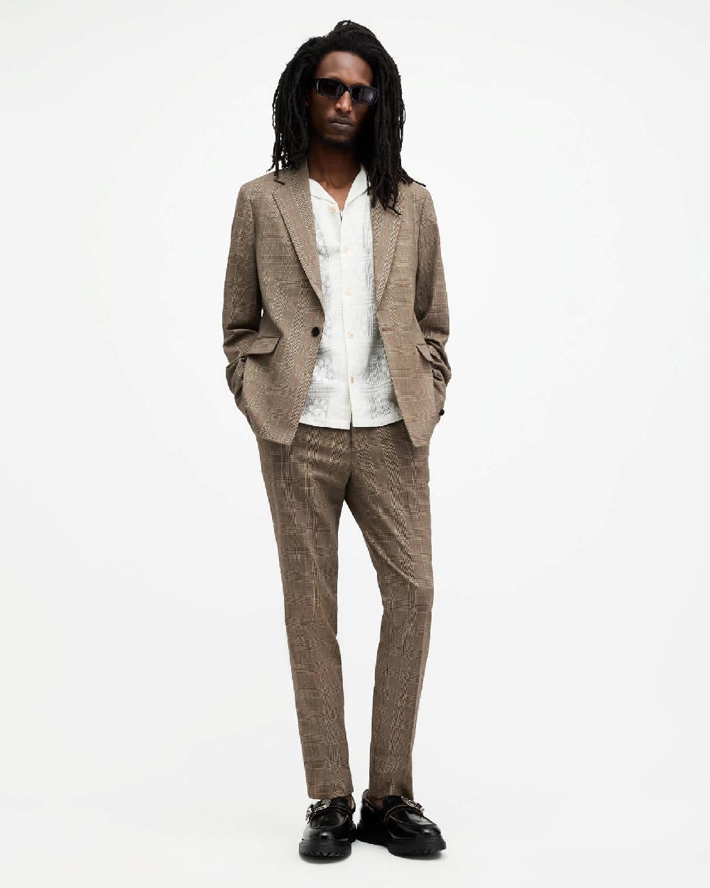 All Saints Maffrett Checked Skinny Fit Pants Stone Taupe