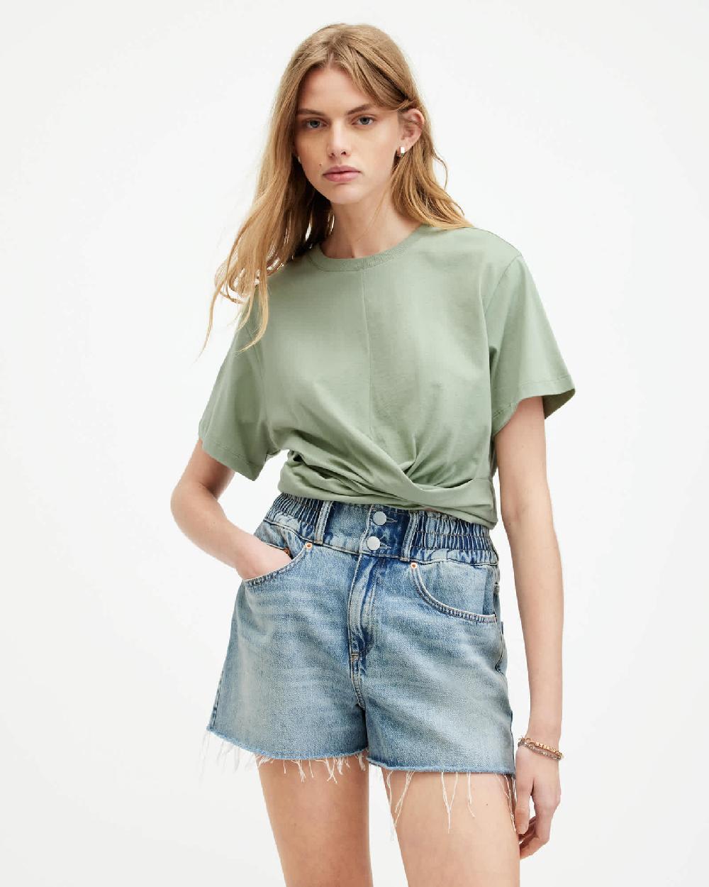 All Saints Mallinson Cropped Slim Wrap Over T-Shirt OIL GREEN