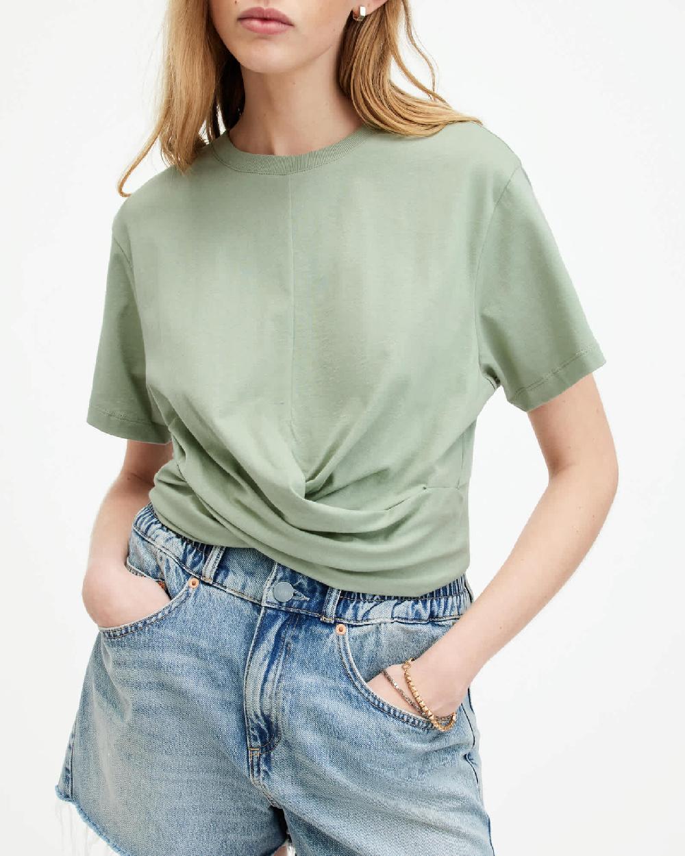 All Saints Mallinson Cropped Slim Wrap Over T-Shirt OIL GREEN