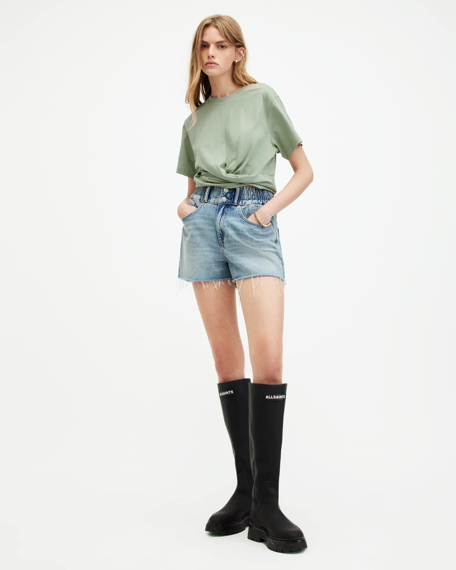 All Saints Mallinson Cropped Slim Wrap Over T-Shirt OIL GREEN