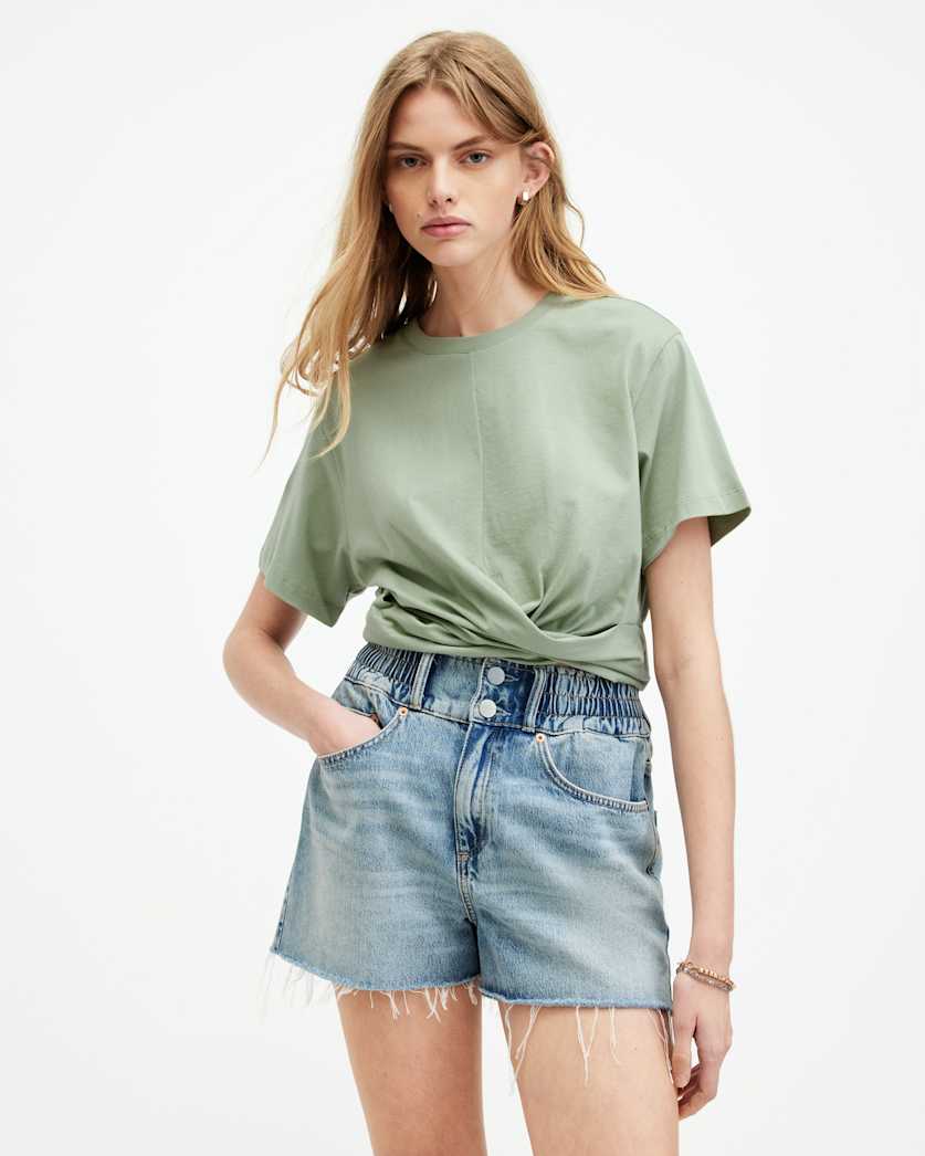 all saints Mallinson Cropped Slim Wrap Over T-Shirt OIL GREEN