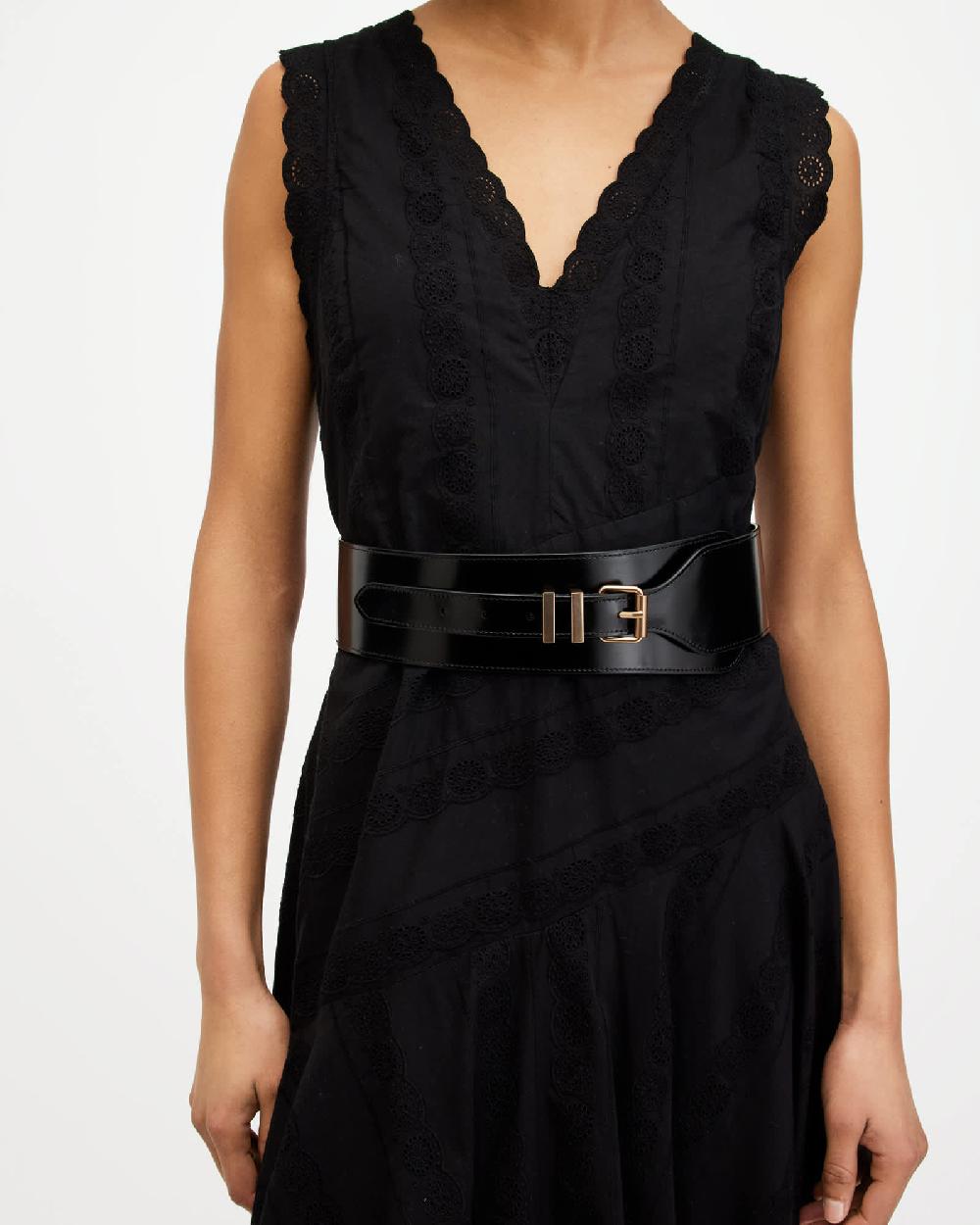 All Saints Marcella Leather Wide Belt BLACK/WARM BRASS