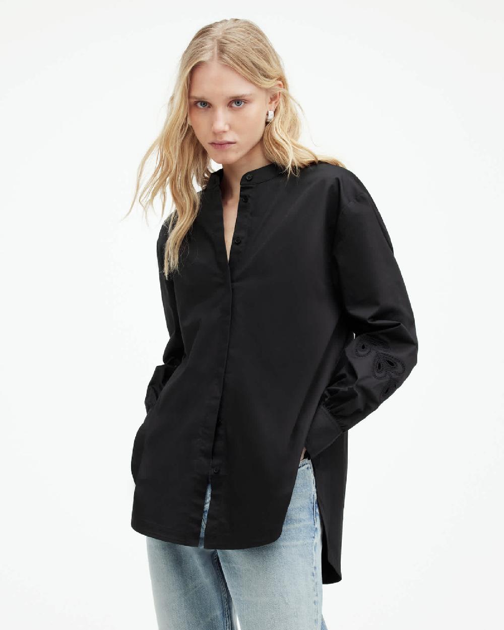 All Saints Marcie Embroidered Val Relaxed Fit Shirt Black