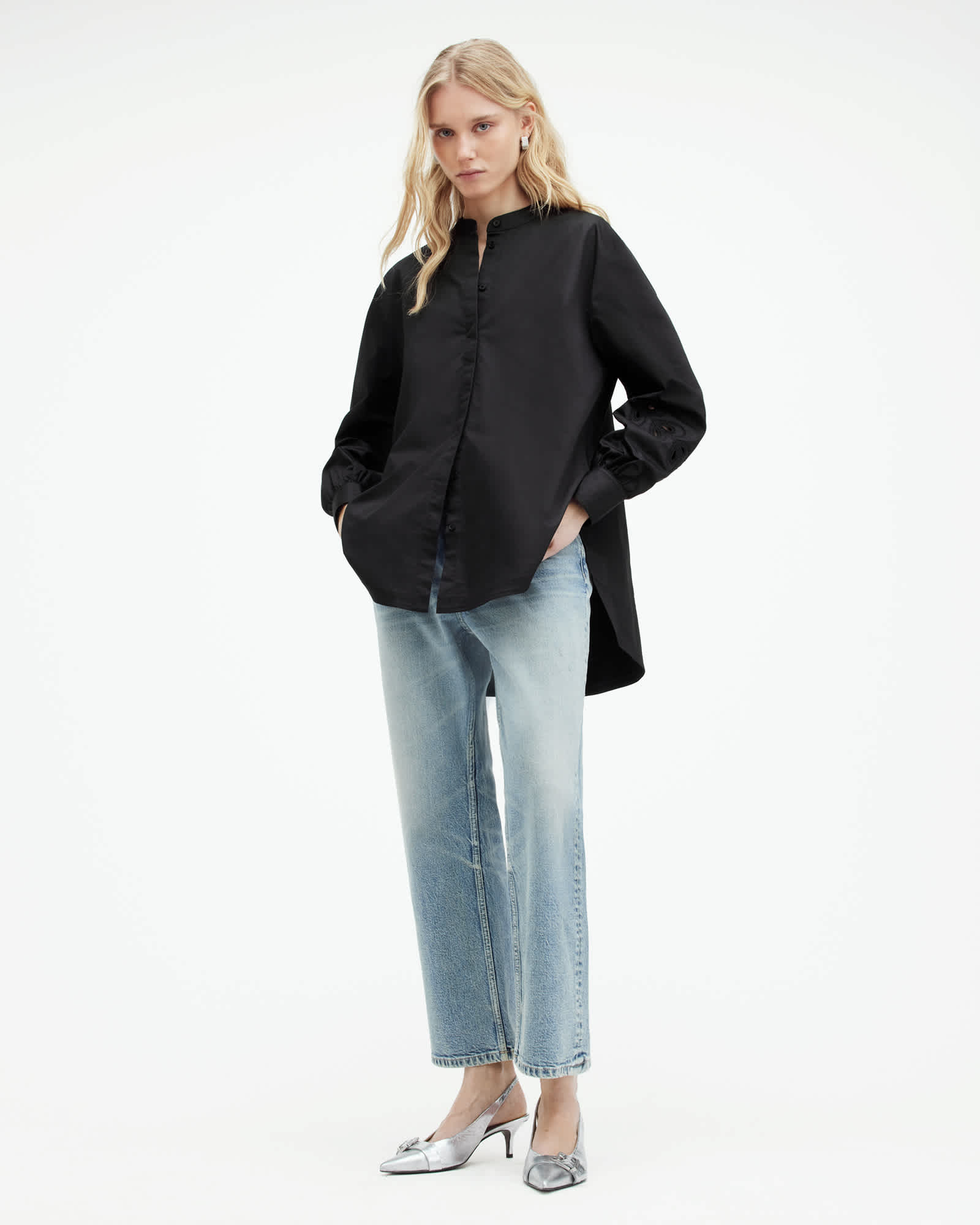 All Saints Marcie Embroidered Val Relaxed Fit Shirt Black