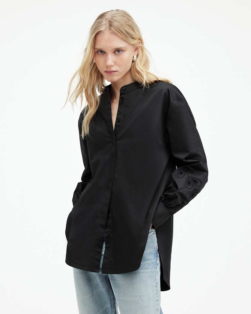 all saints Marcie Embroidered Val Relaxed Fit Shirt Black