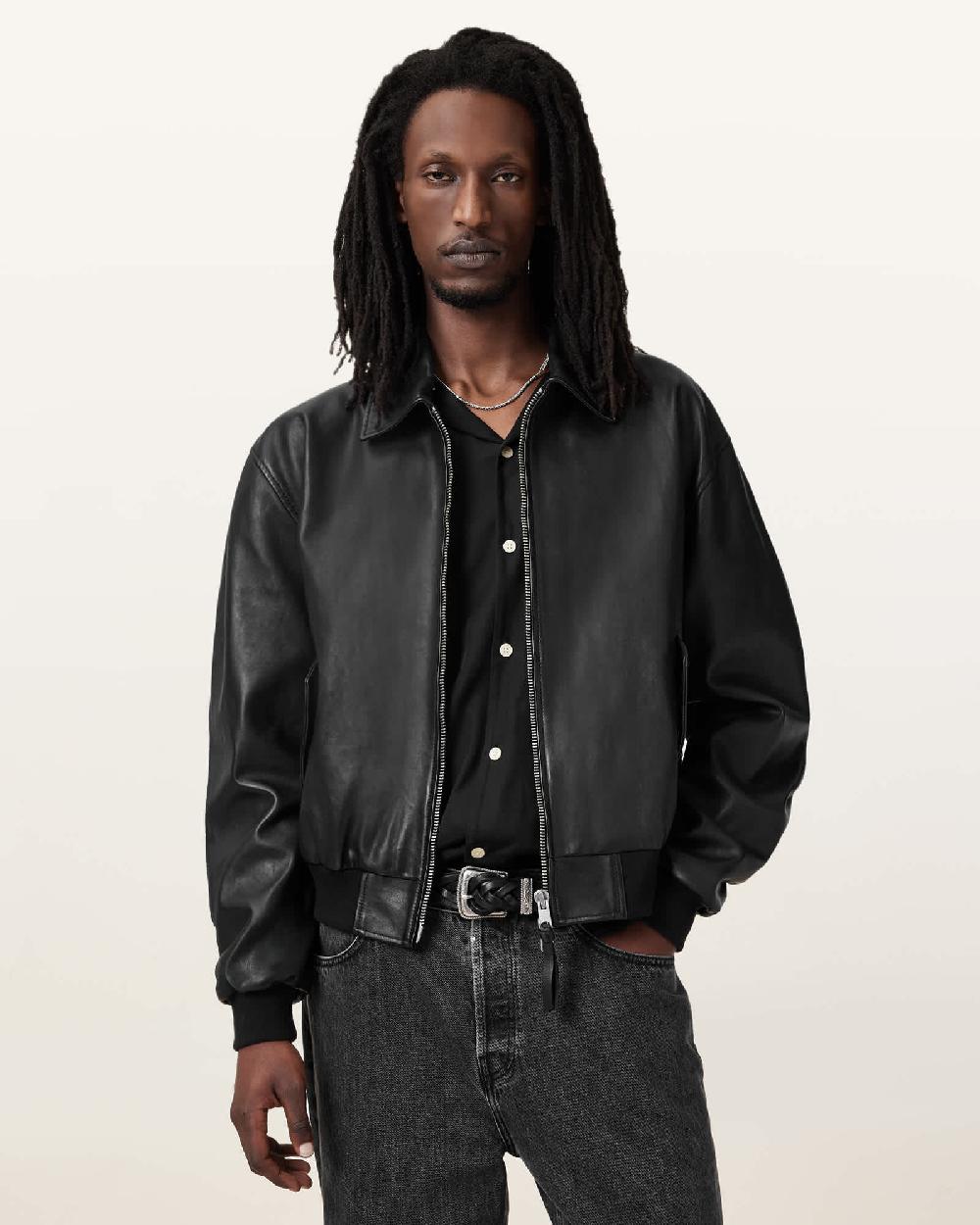 All Saints Marco Oversized Leather Bomber Jacket Black