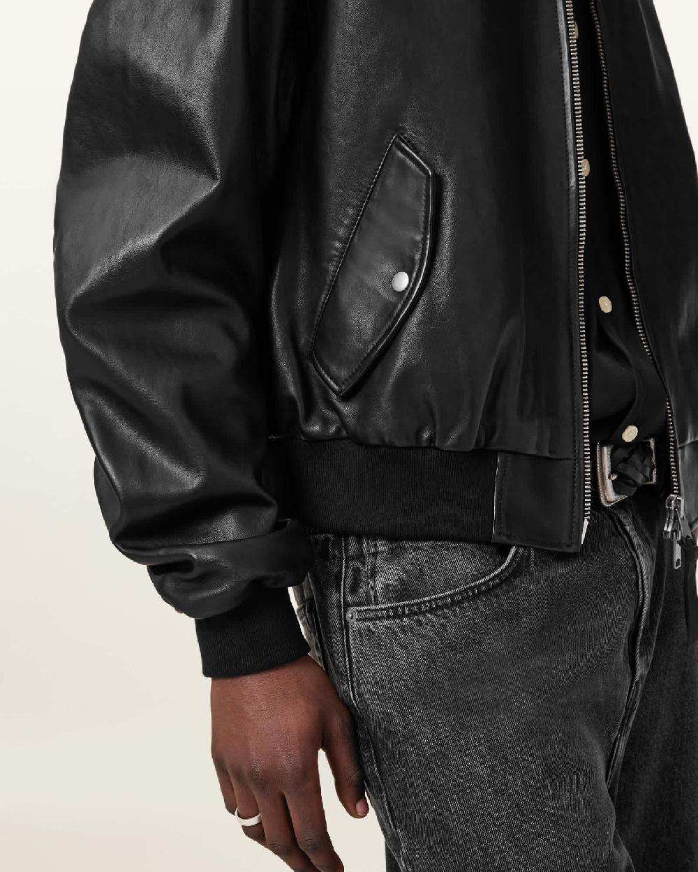 All Saints Marco Oversized Leather Bomber Jacket Black