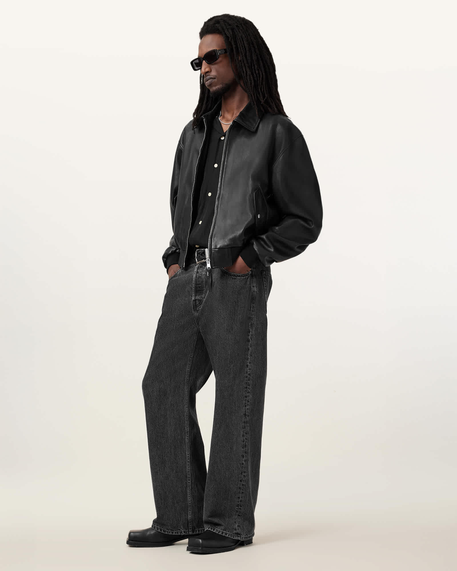 All Saints Marco Oversized Leather Bomber Jacket Black