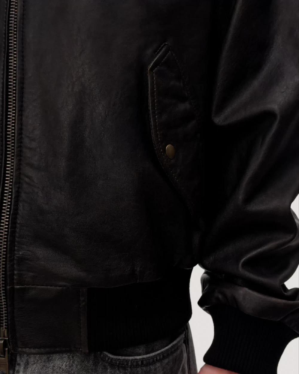 all saints Marco Oversized Leather Bomber Jacket Black