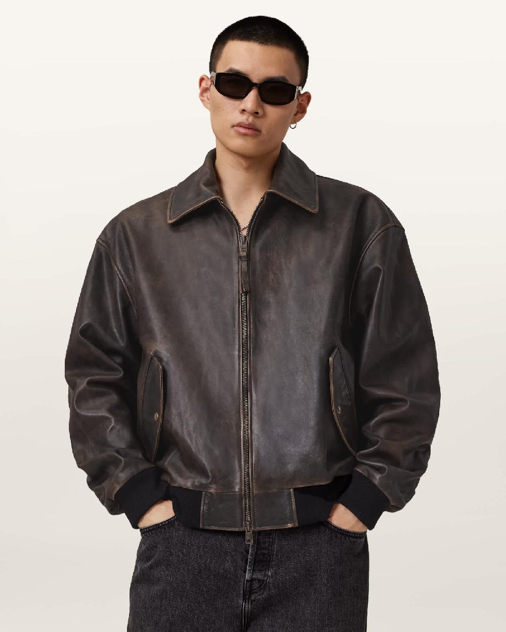 All Saints Marco Oversized Leather Bomber Jacket Vintage Black