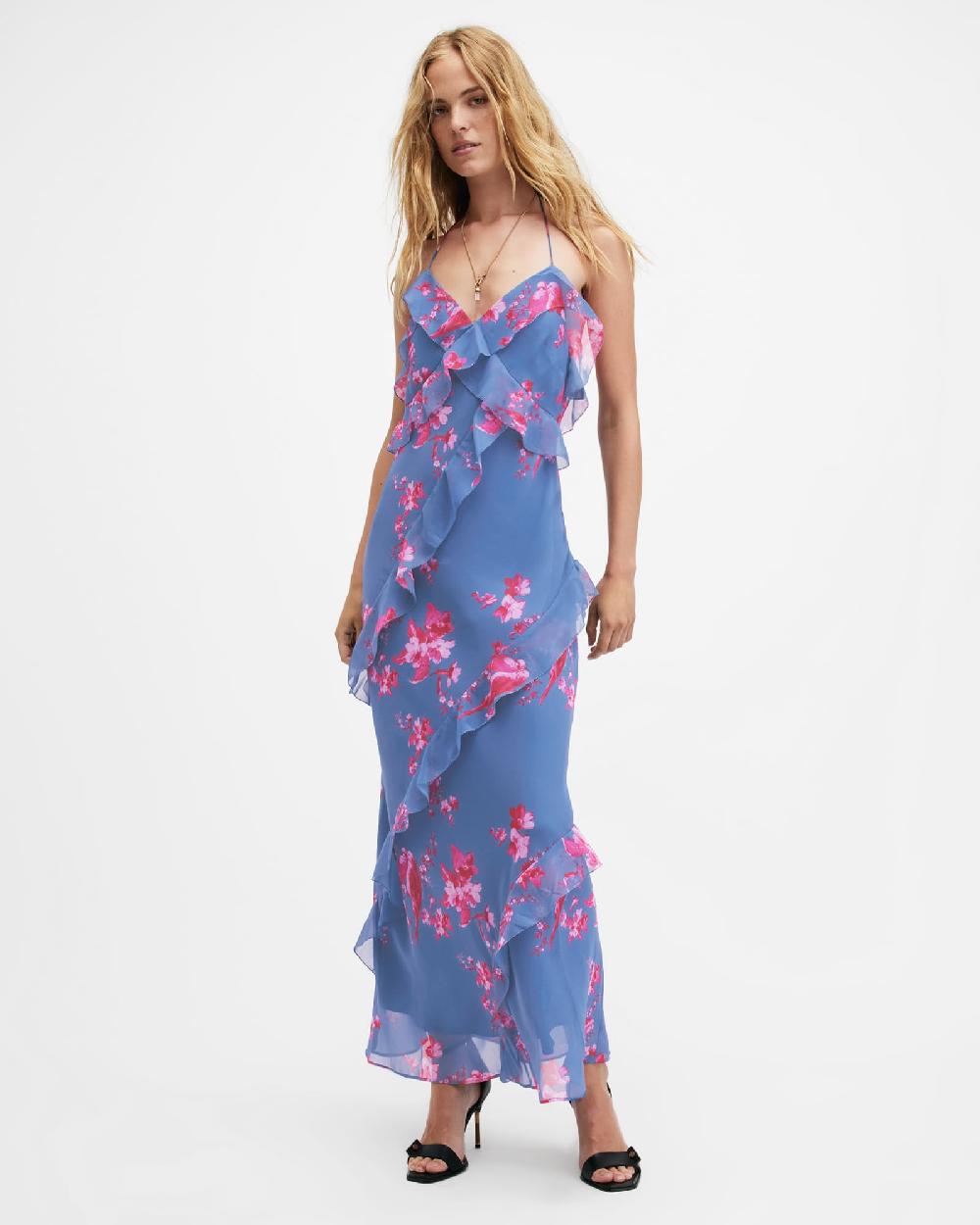All Saints Marina Iona Floral Print Slim Fit Dress Neon Pink