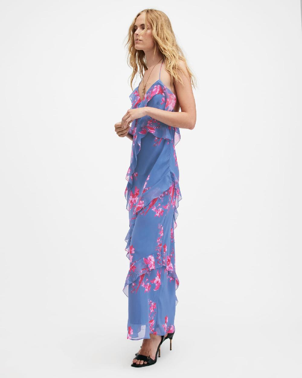All Saints Marina Iona Floral Print Slim Fit Dress Neon Pink