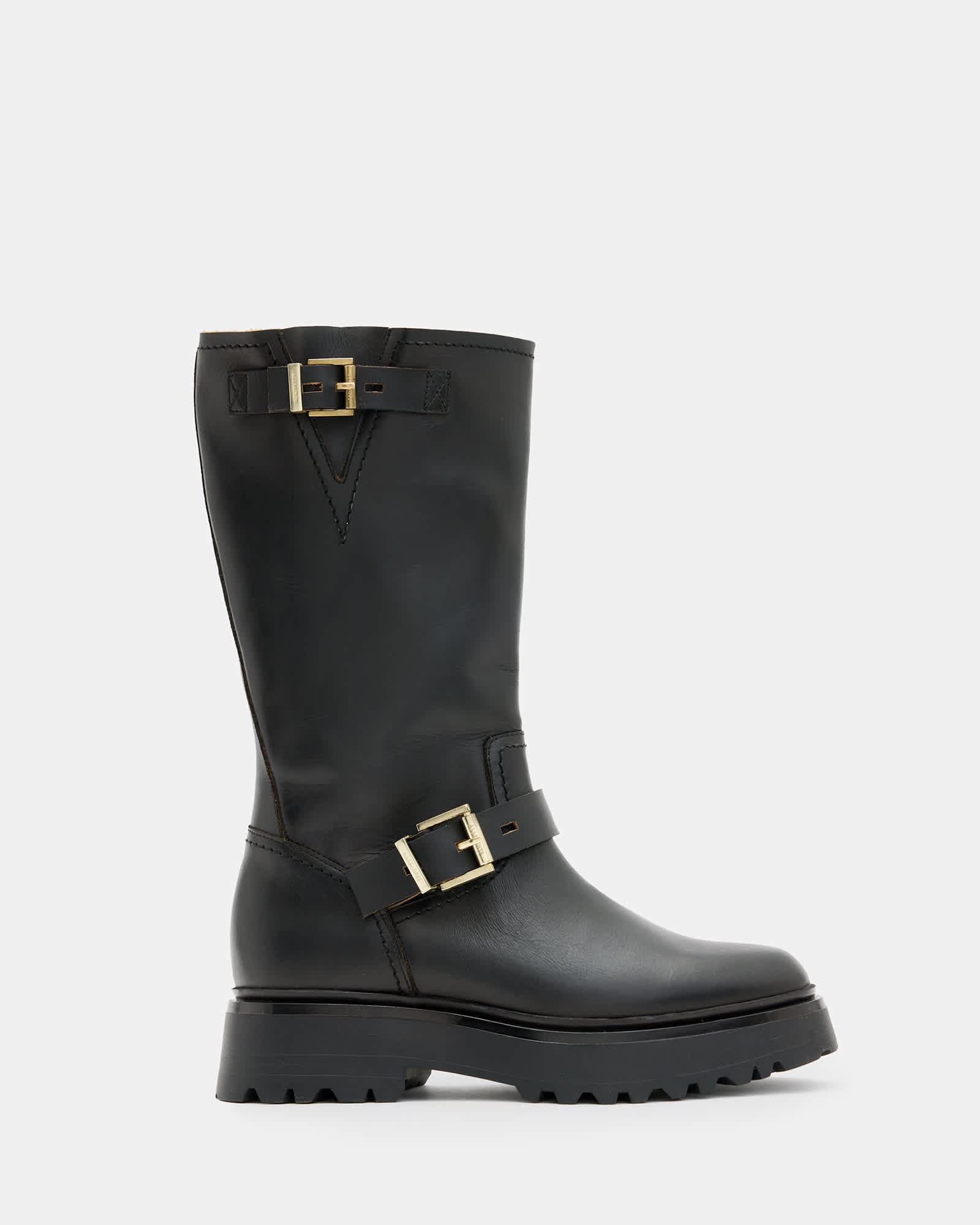 All Saints Marisa Leather Buckle Biker Boots BLACK/WARM BRASS
