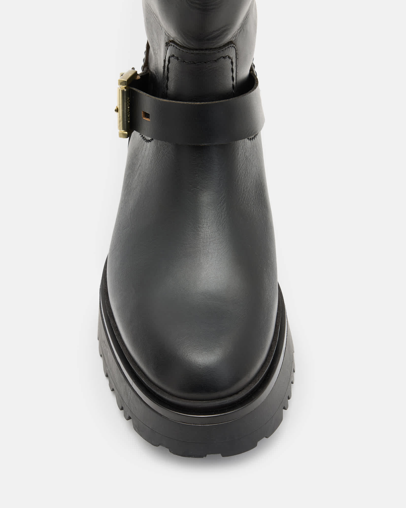 All Saints Marisa Leather Buckle Biker Boots BLACK/WARM BRASS