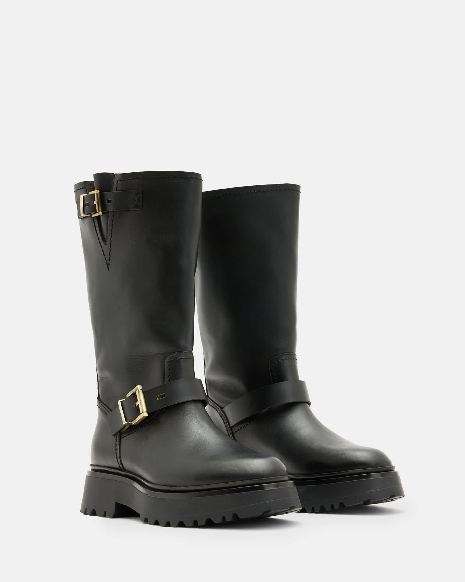 All Saints Marisa Leather Buckle Biker Boots BLACK/WARM BRASS