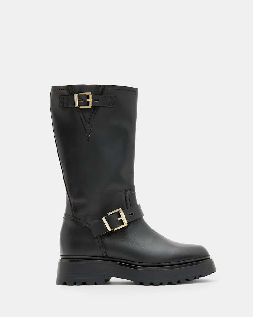 all saints Marisa Leather Buckle Biker Boots BLACK/WARM BRASS