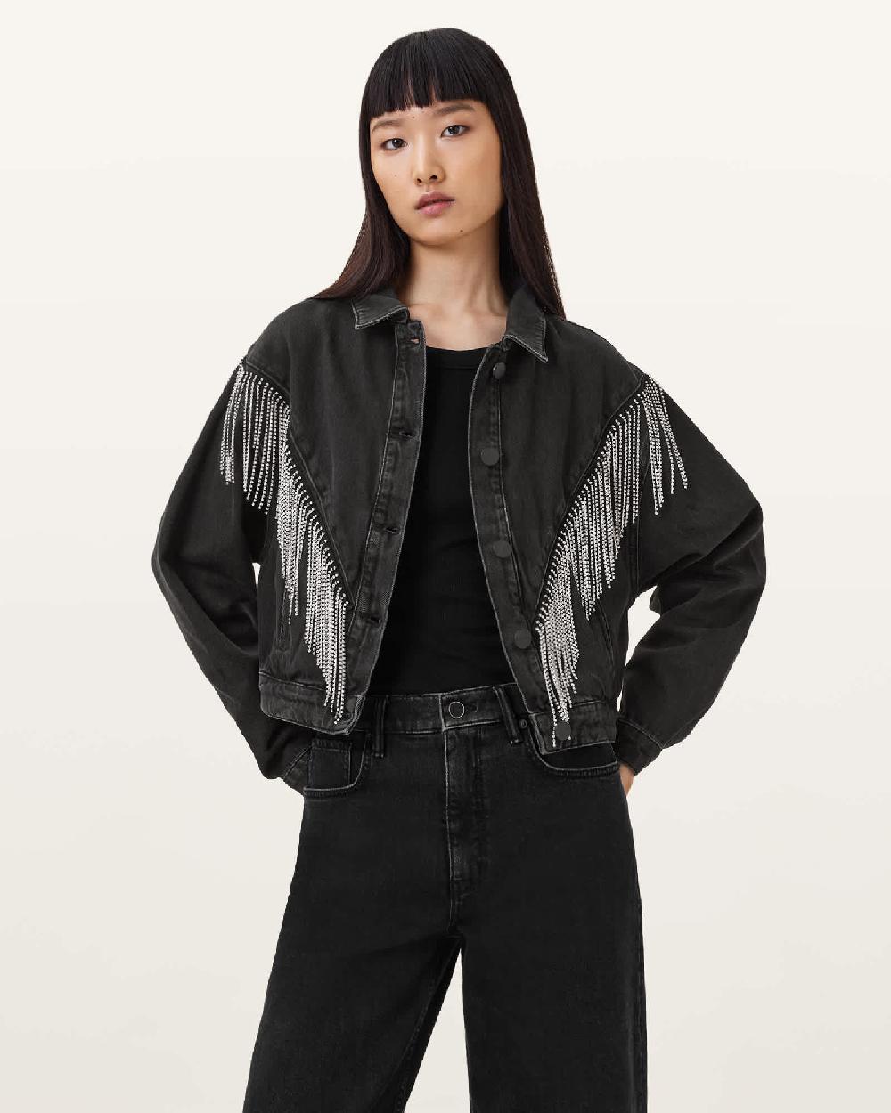 All Saints Marlene Embellished Fringe Denim Jacket Black