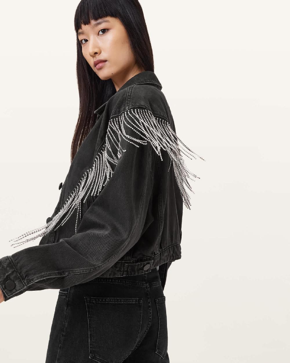 All Saints Marlene Embellished Fringe Denim Jacket Black