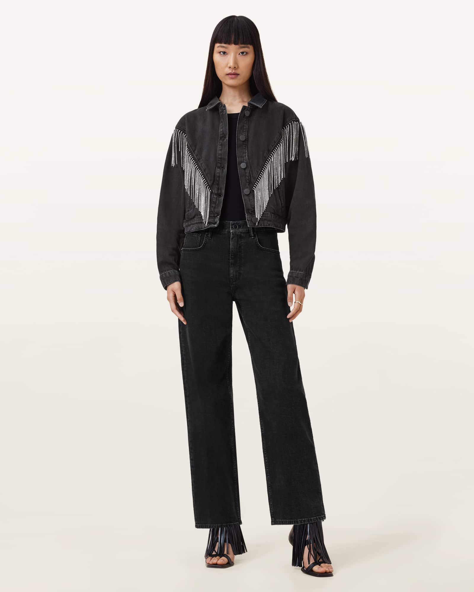 All Saints Marlene Embellished Fringe Denim Jacket Black
