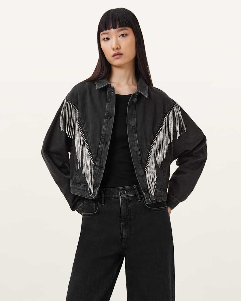 all saints Marlene Embellished Fringe Denim Jacket Black