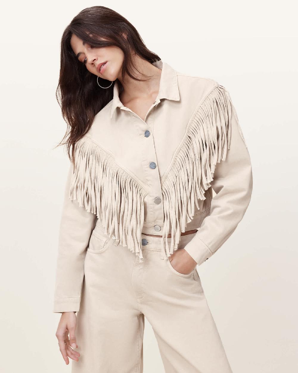 All Saints Marlene Fringed Denim Jacket Cream White