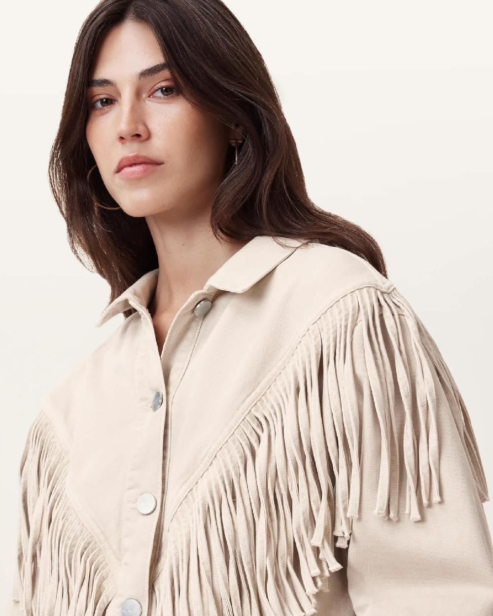 All Saints Marlene Fringed Denim Jacket Cream White