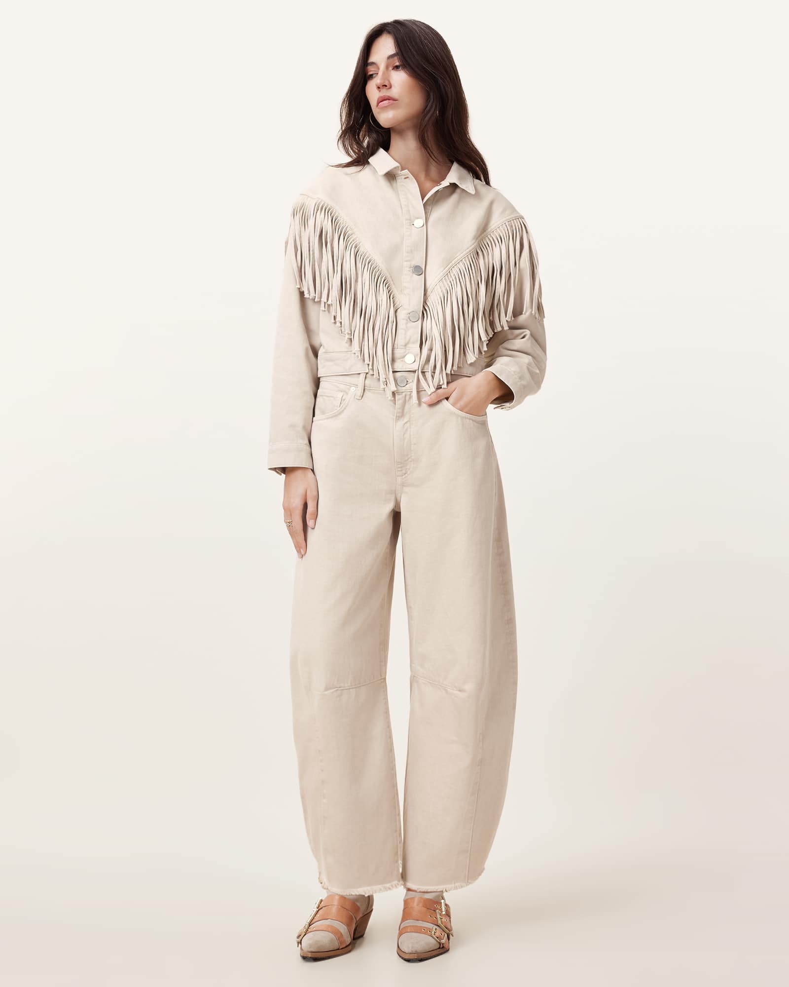 All Saints Marlene Fringed Denim Jacket Cream White