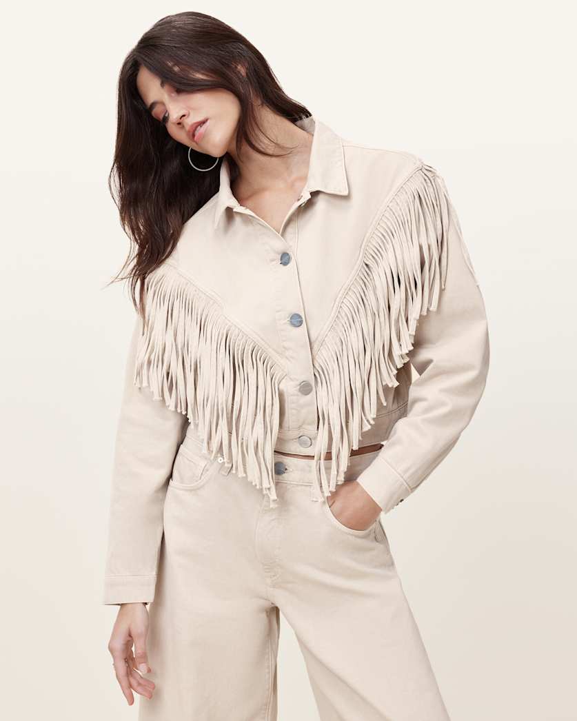 all saints Marlene Fringed Denim Jacket Cream White