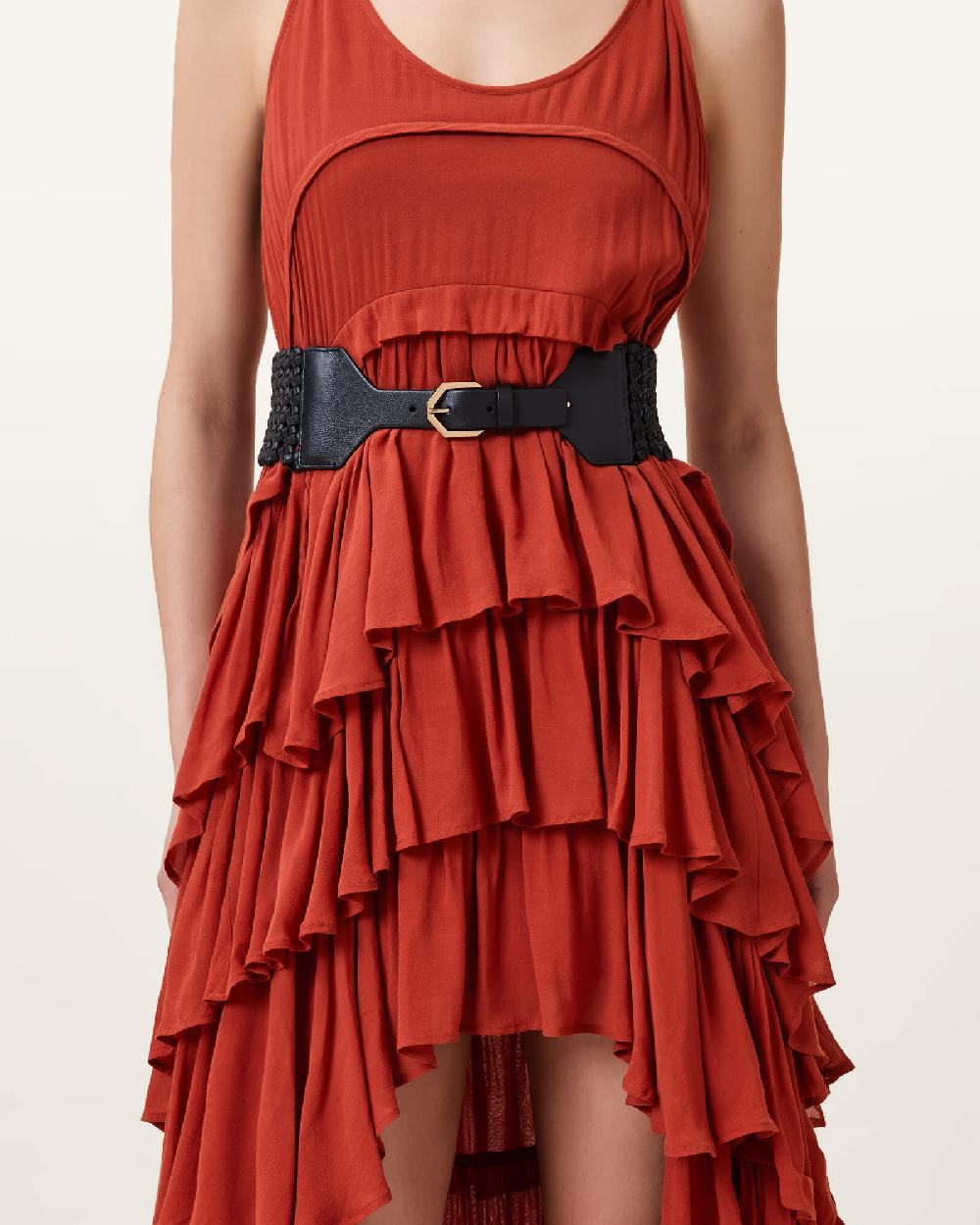 All Saints Mathilde Woven Leather Waist Belt BLACK/WARM BRASS